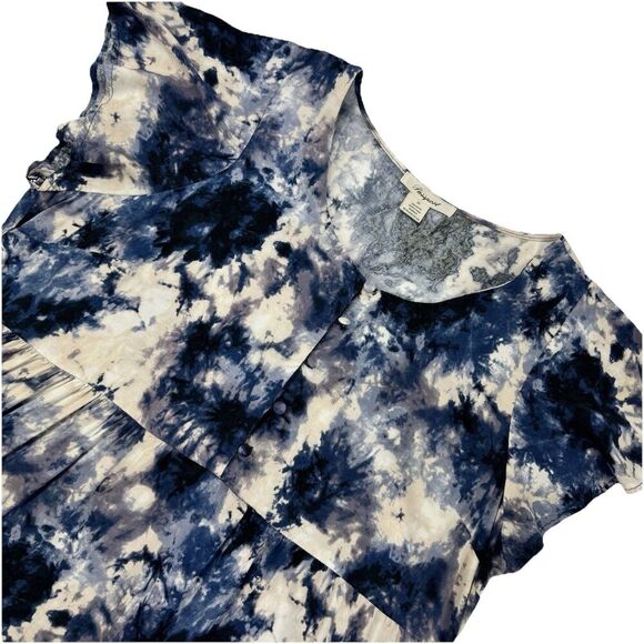Passport Blue Tie Dye Ruffle Hem Dress 3X Rayon Short Sleeve Button Front Boho - Picture 3 of 8